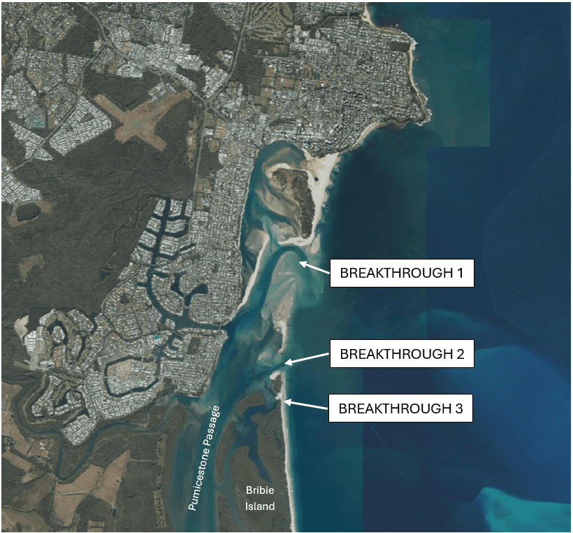 Map showing locations of the breakthroughs at Bribie Island (Aerial photography: Queensland Globe)