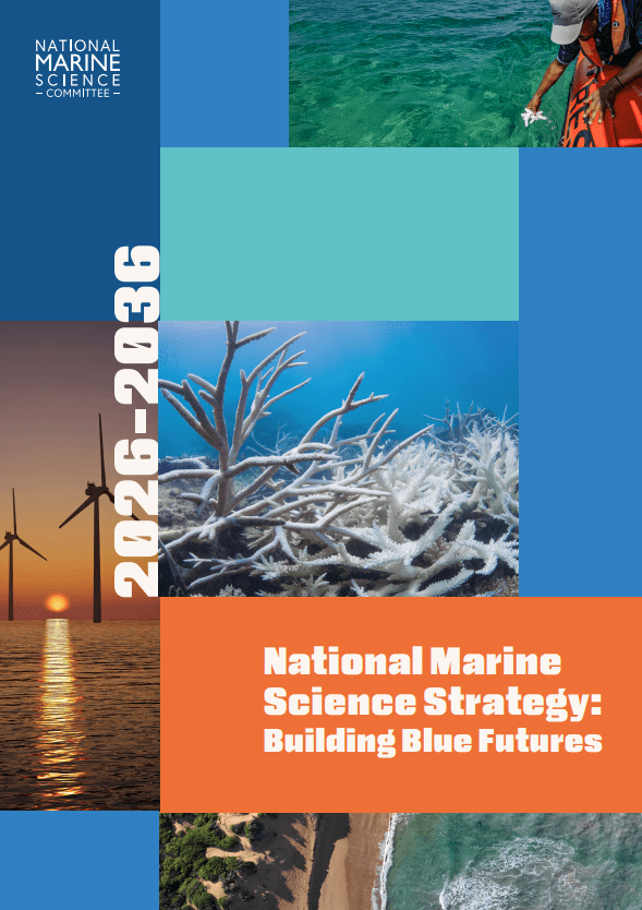 National Marine Science Strategy cover showing various images of marine renewables, bleached coral and coastal erosion